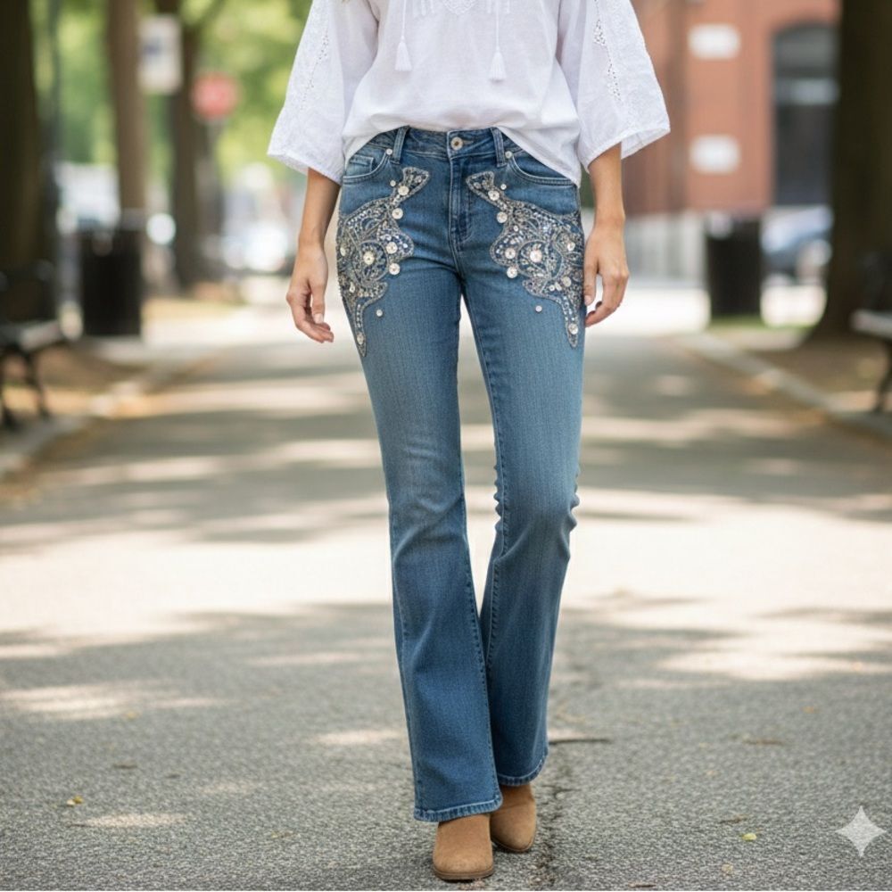 NOWT Cache Denim Jeans Embellished Silver Y2K Vtg Retro Bootcut Sz 4
